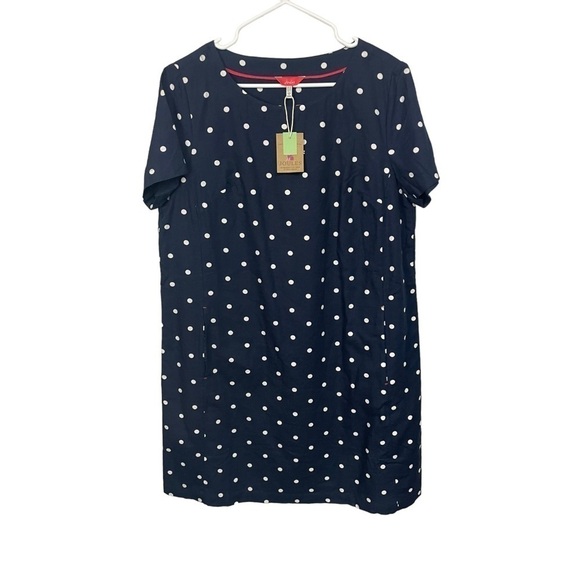 Joules Navy Short Sleeved Polka Dot FiFi Print Linen Blend Shift Dress, NWT, 12 - Picture 8 of 8